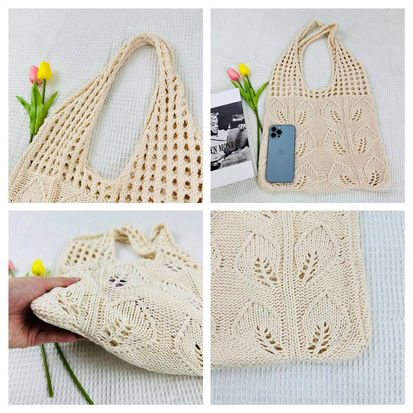 Solid Color Hollow Out Knit Shoulder Tote Bag DPB1606