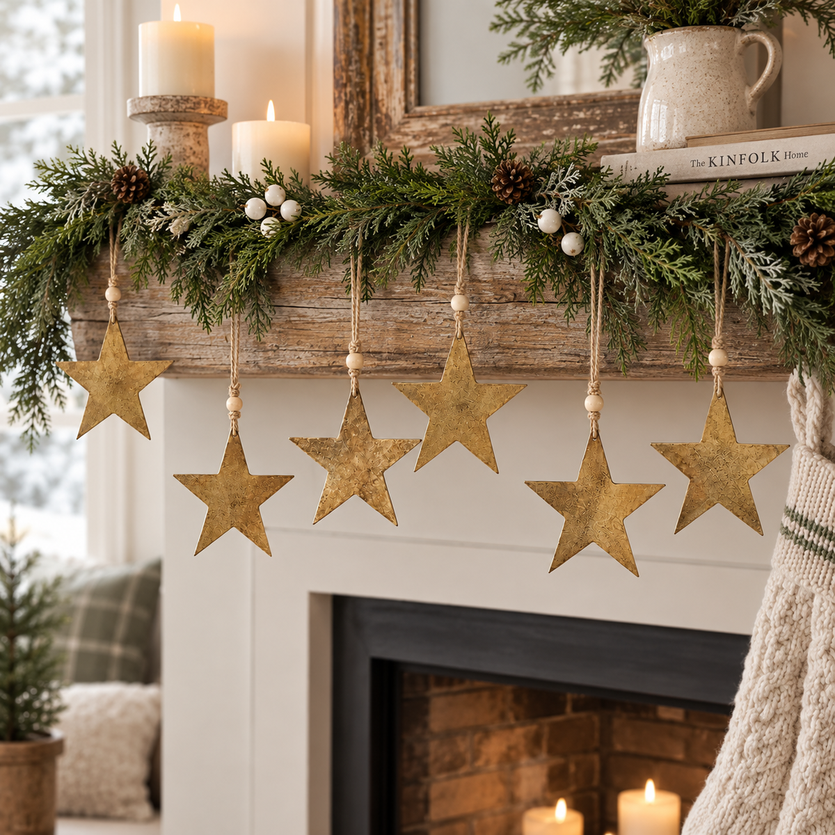 A rustic holiday mantel decorated with green garland, white berries, candles, and five hanging distressed gold stars in a cozy living room setting.