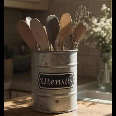 TIN UTENSIL HOLDER W BLACK AND WHITE WRITING