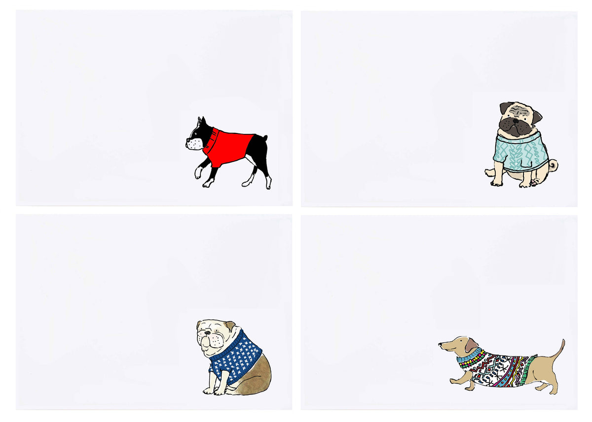 A 2x2 grid showing four different cartoon dogs wearing colorful sweaters on a white background. The dogs include a black and white dog in a red sweater, a pug in a light blue sweater, a bulldog in a blue patterned sweater, and a dachshund in a multicolor sweater.