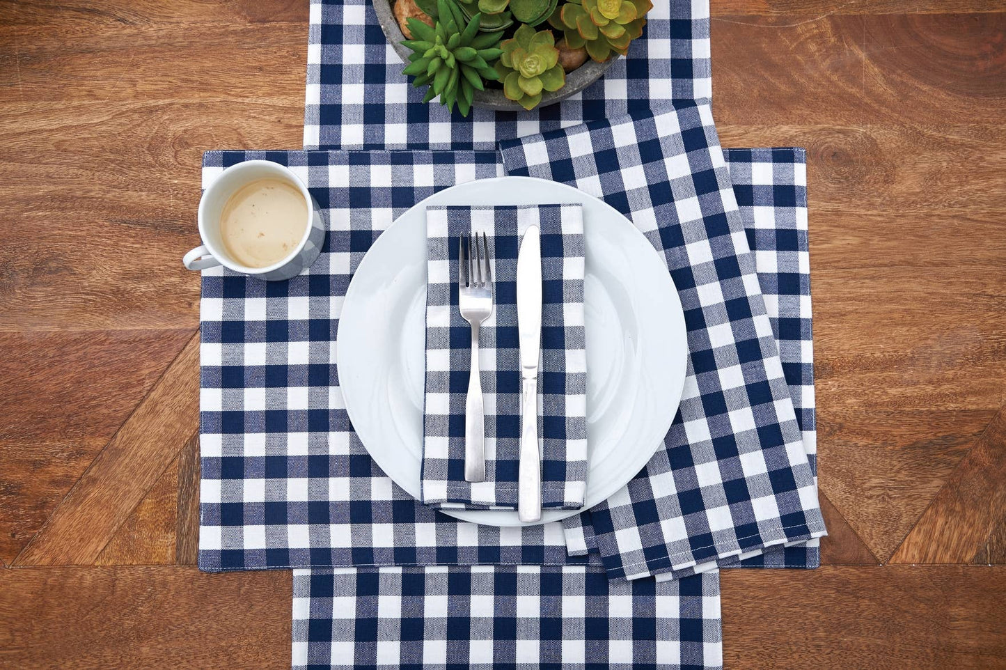 Indigo Blue Gingham Check Table Runner