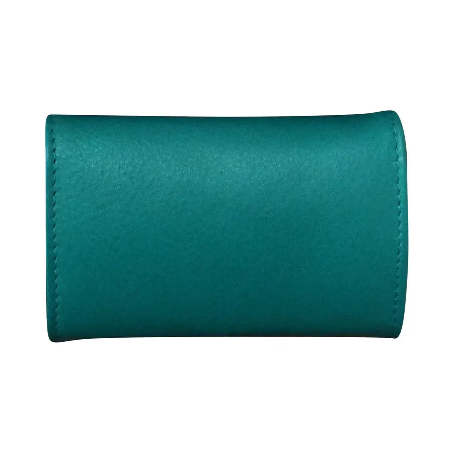 A teal green leather wallet or card holder with visible stitching on the left edge, shown against a plain white background.
