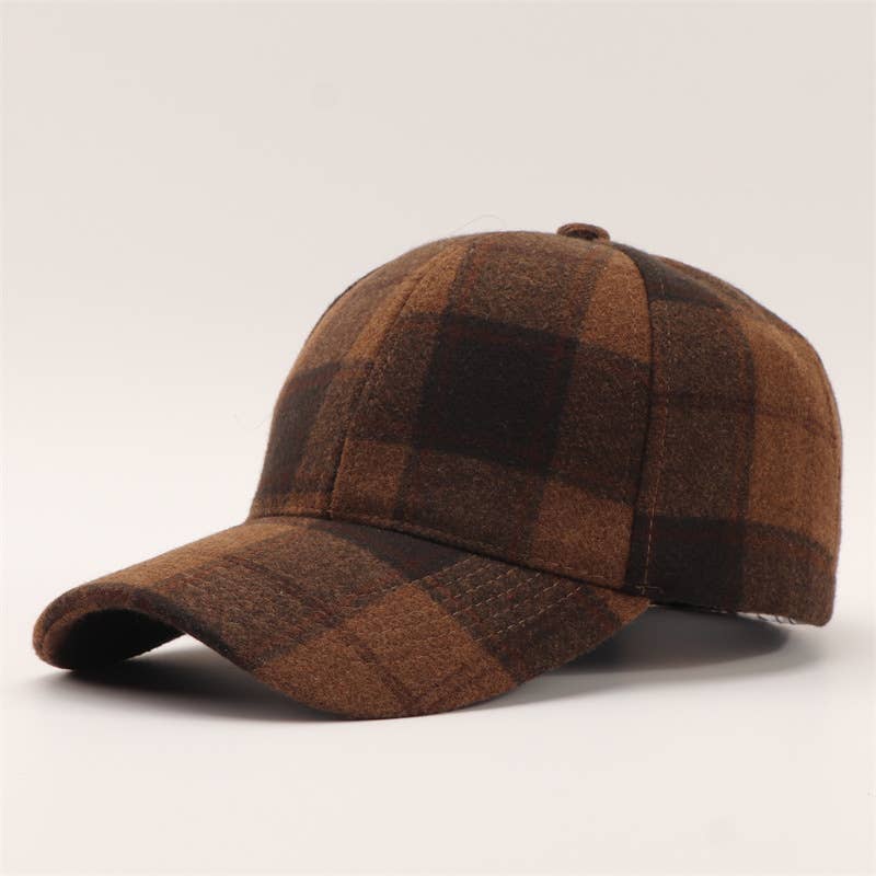 A brown and black plaid wool cap shown from a three-quarters angle on a light gray background.