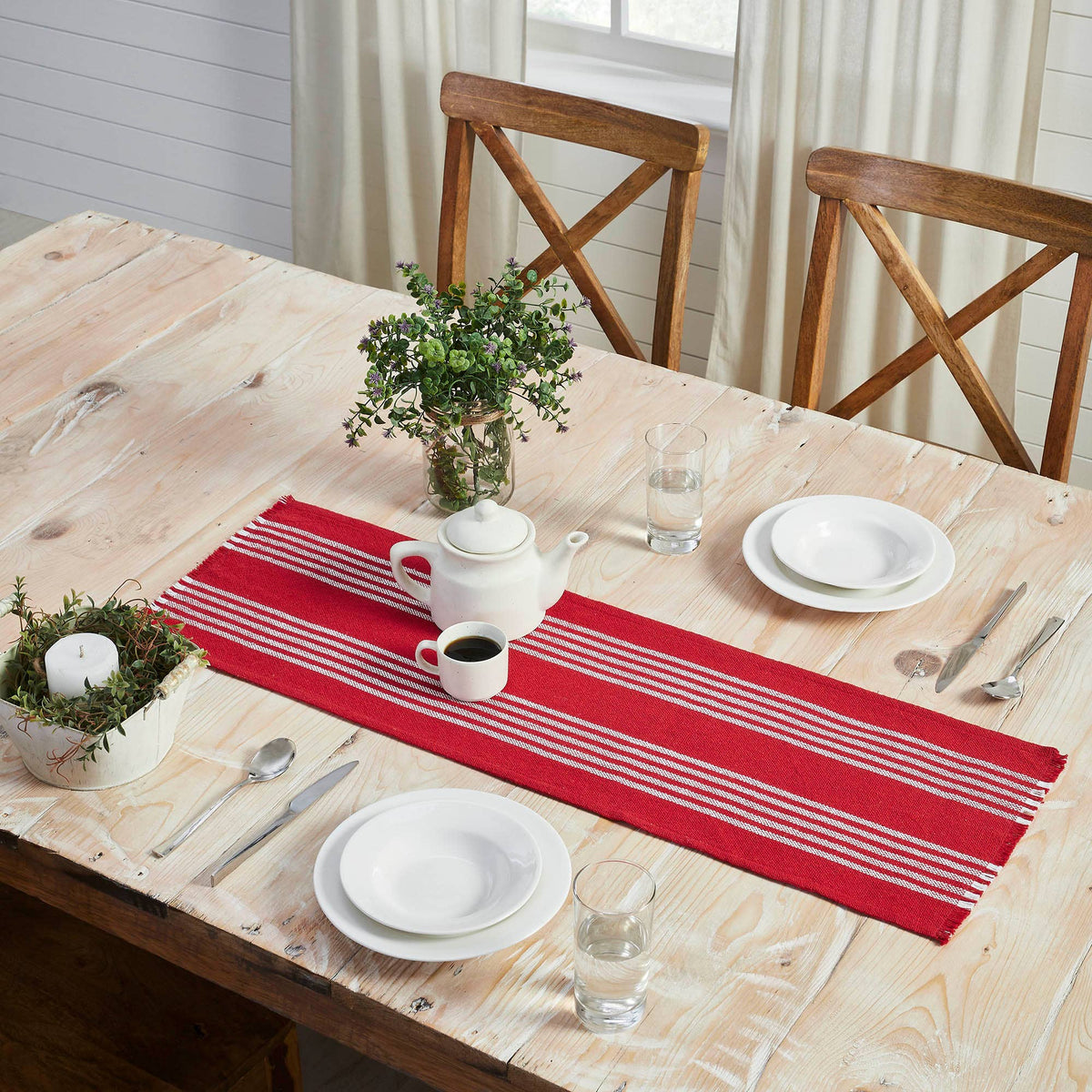 Red Ticking Stripe Runner Fringed