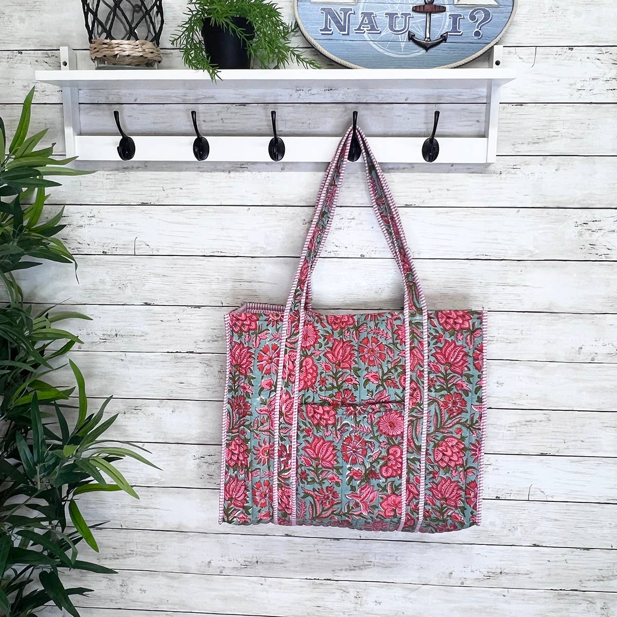 Pink Carnations Quilted Block-Printed Tote