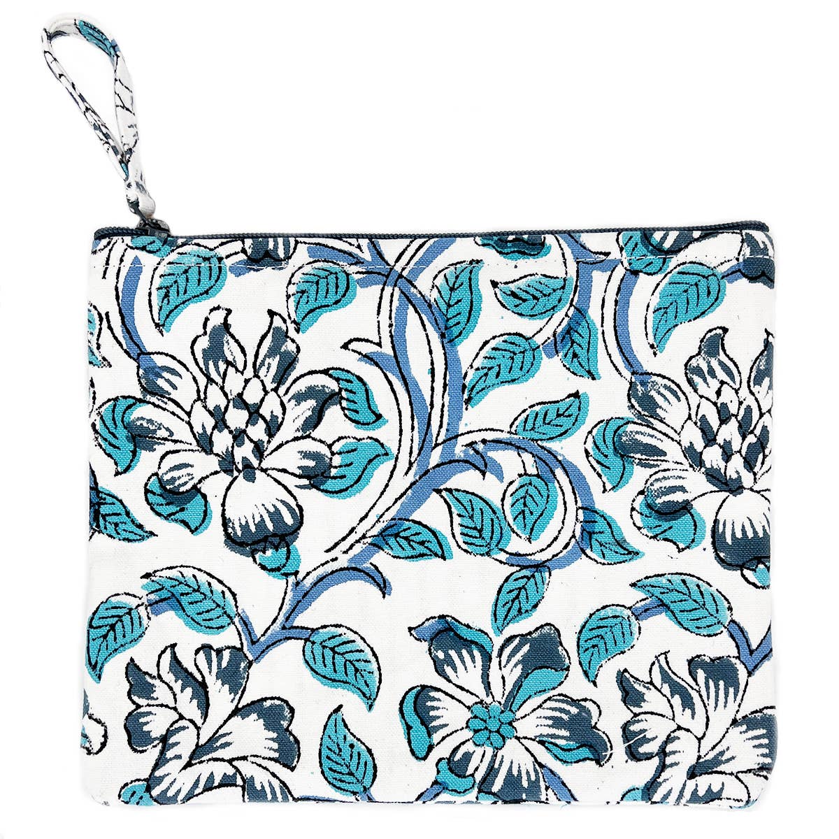 Block-Printed Canvas Zipper Blue Thistle Pouch