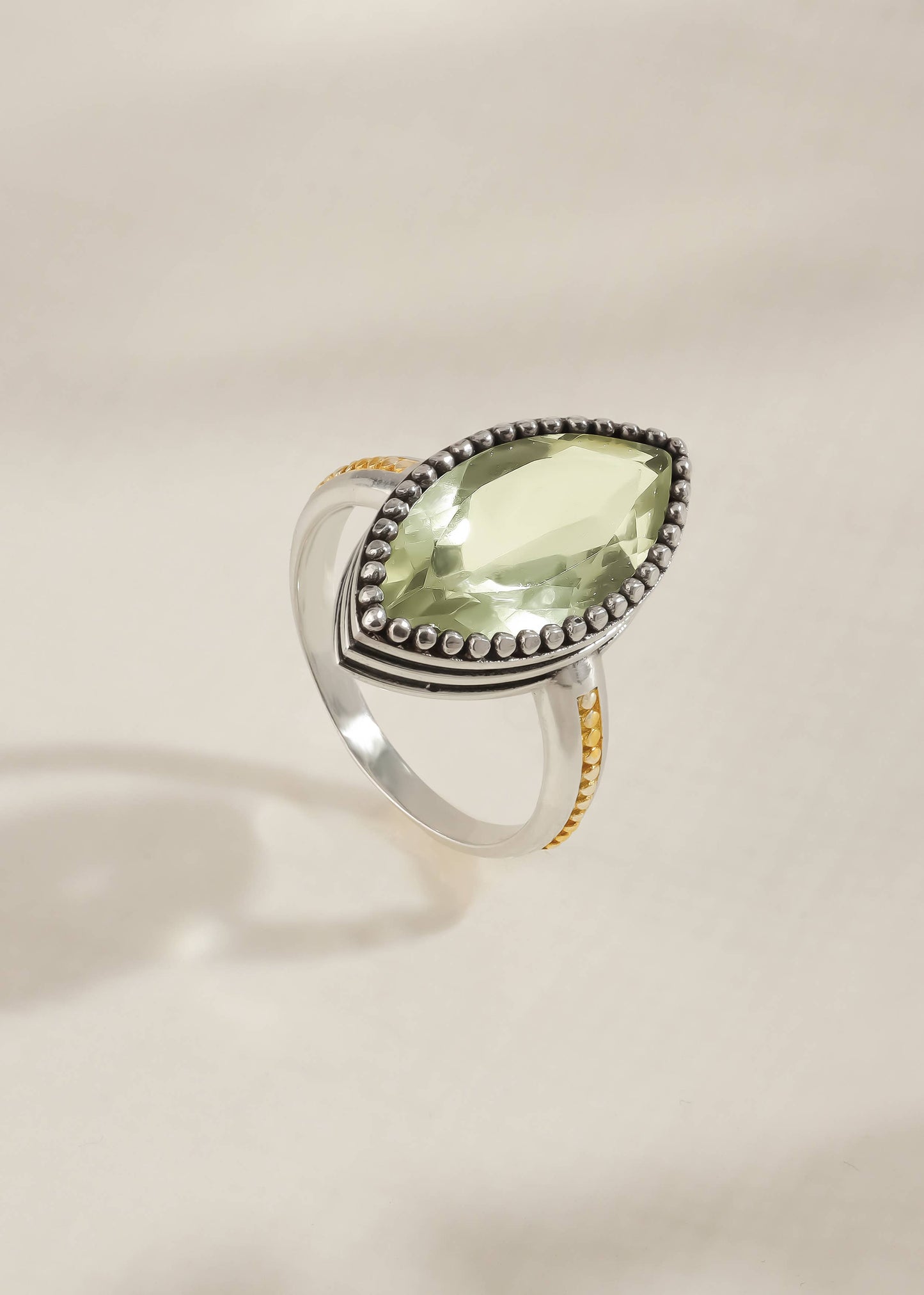 Silver Plated Marquise Green Amethyst Two-Tone Beaded Ring