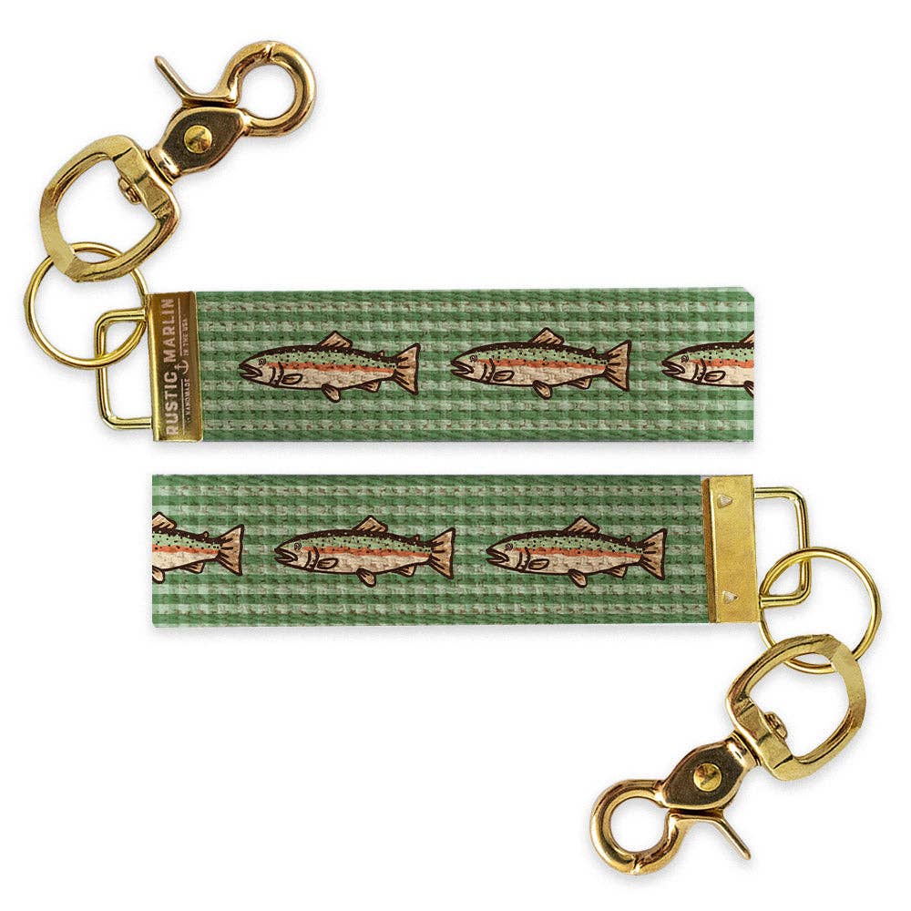 Two green keychains with fish pattern and gold clasp on a white background