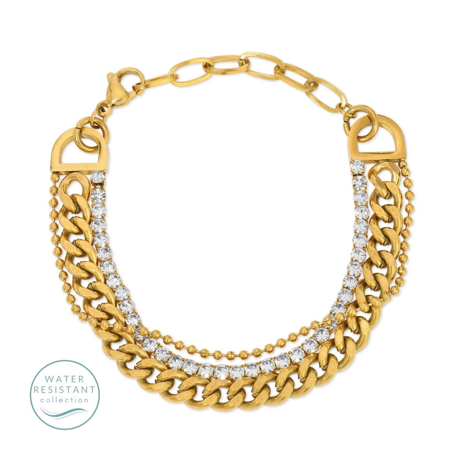 Gold bracelet with multiple chains and clear stones on a white background