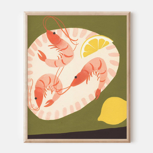Framed artwork of shrimp and lemons on a green background