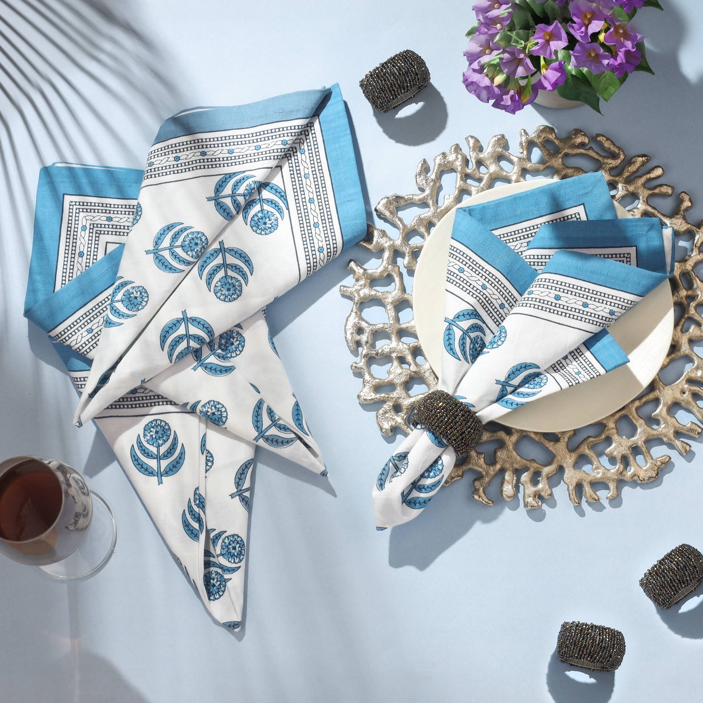 Blue Blooms Block Print Cotton Napkins