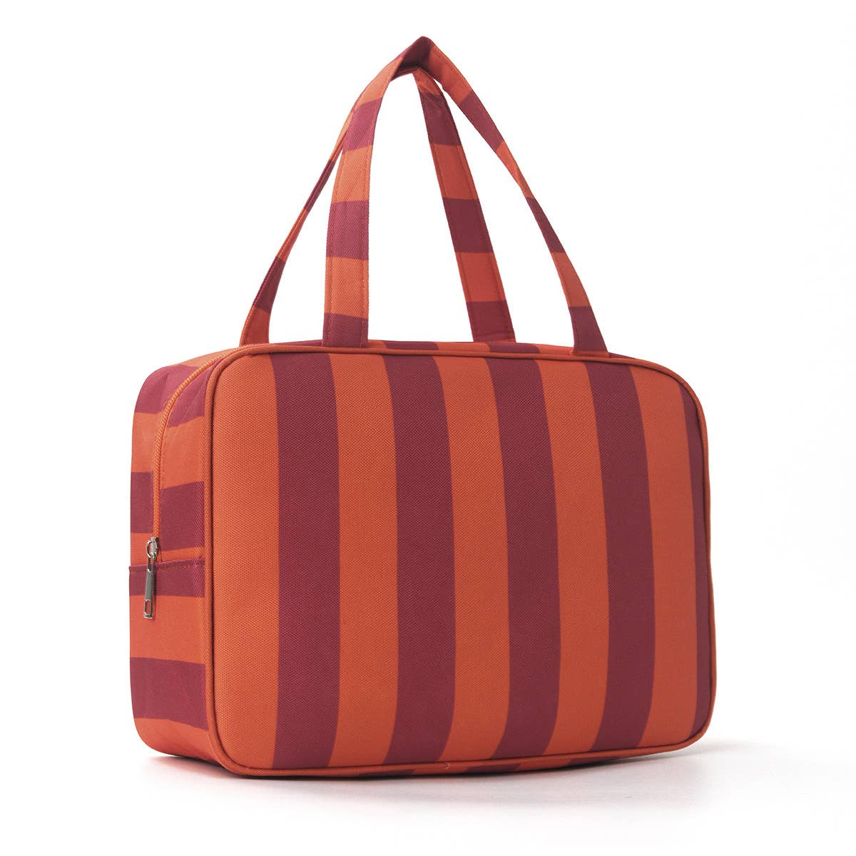 orange and red handled cosmetic bag