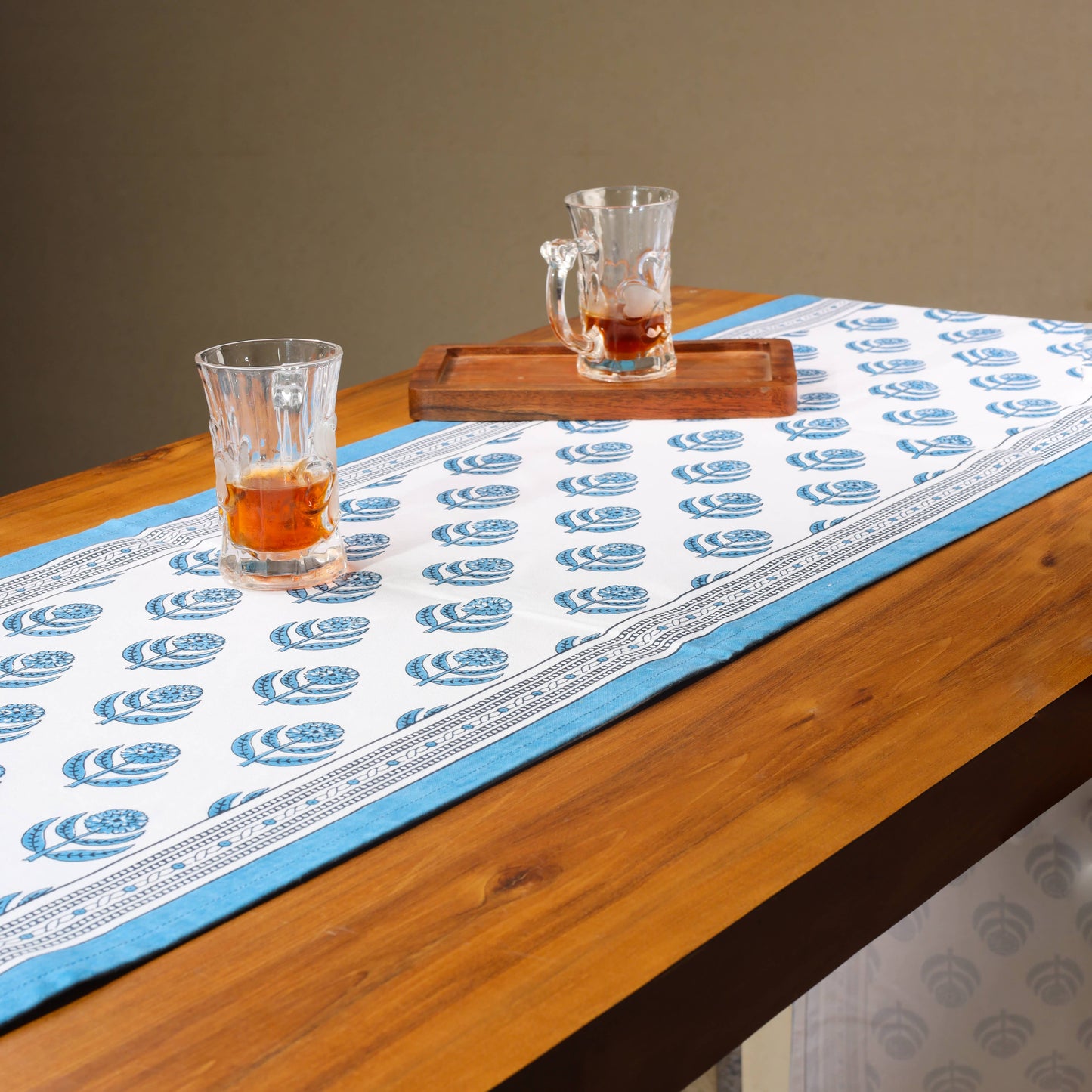 Blue Blooms Block Print Cotton Table Runner
