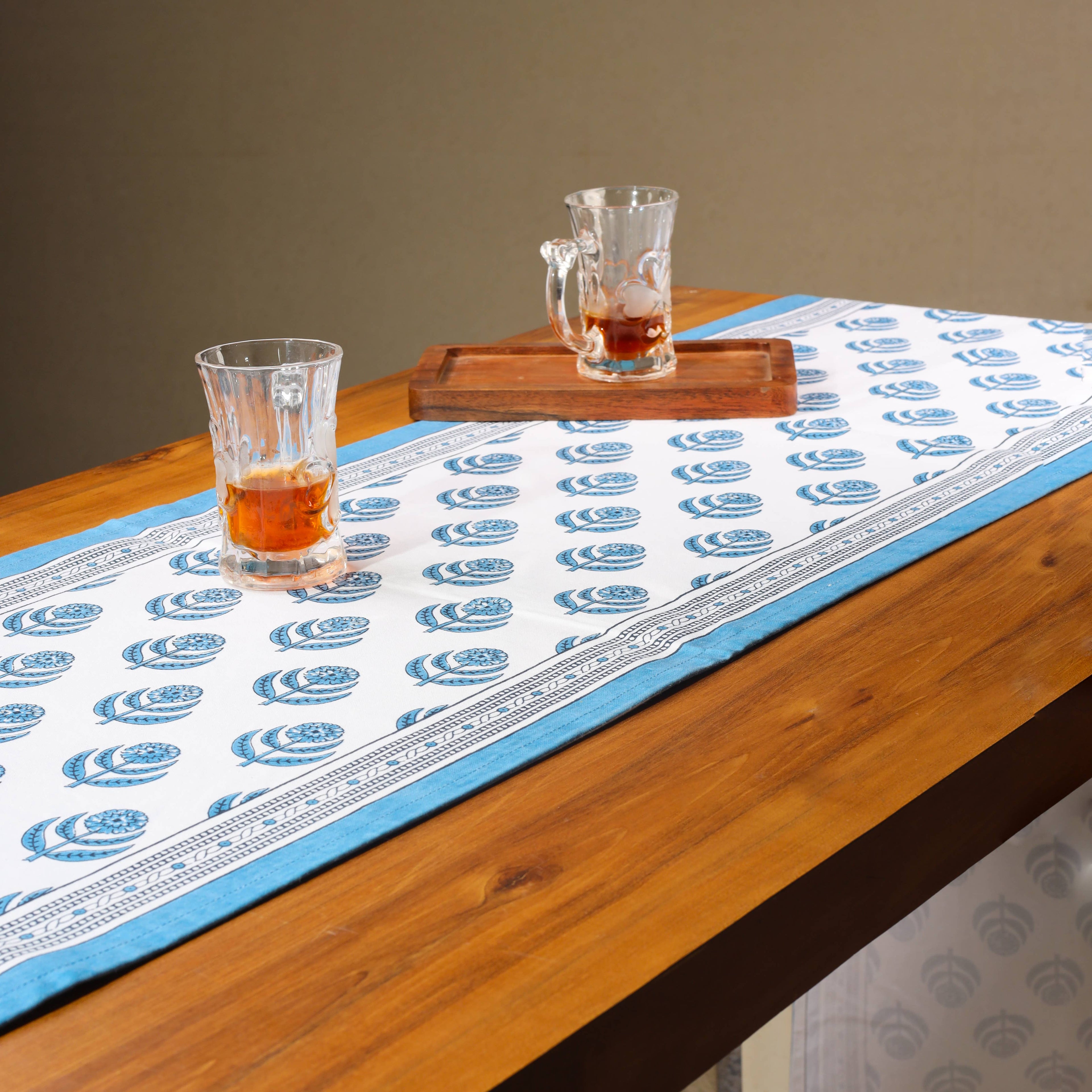Blue Blooms Block Print Cotton Table Runner