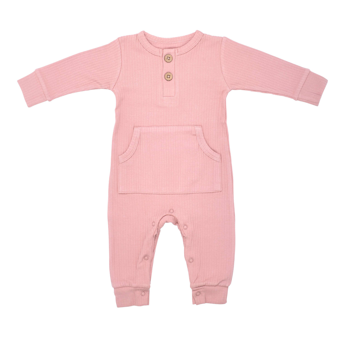 Pink baby onesie with button details on a white background