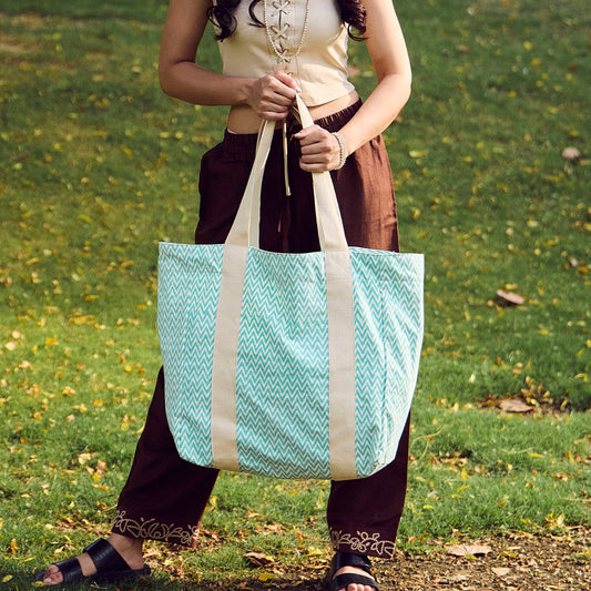 Canvas Bag with Block-Printed Aqua Zigzag