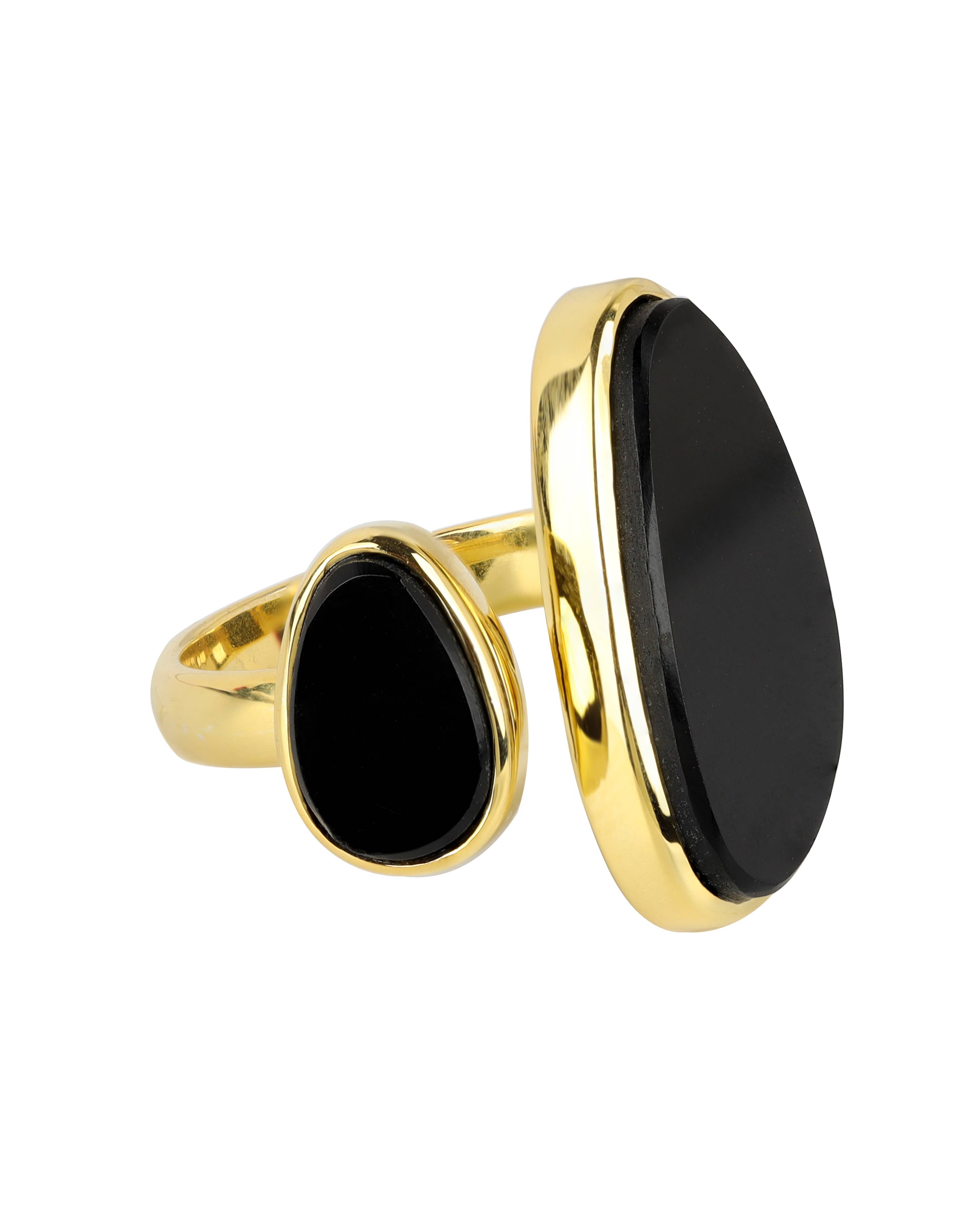 Midnight Duet Open Brass Ring with Twin Black Onyx Ovals