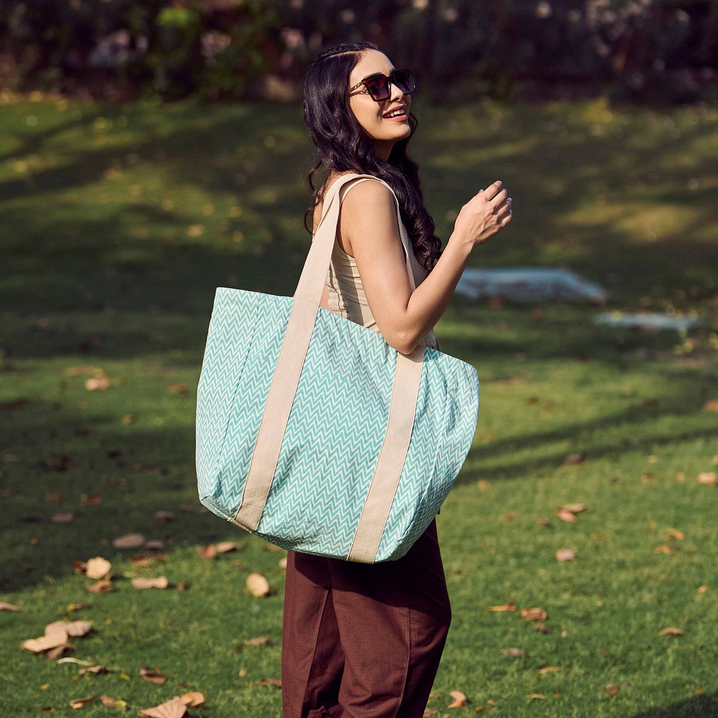 Canvas Bag with Block-Printed Aqua Zigzag