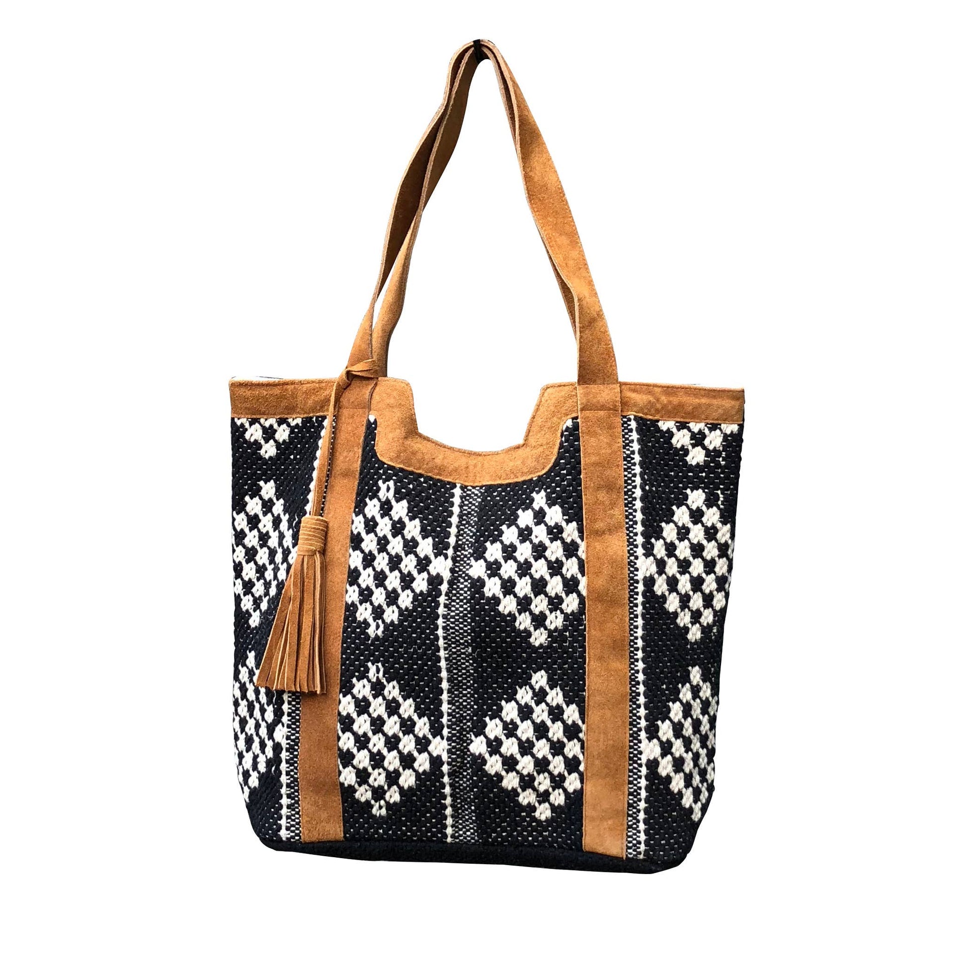 Tote bag with black and white pattern and brown handles on a white background