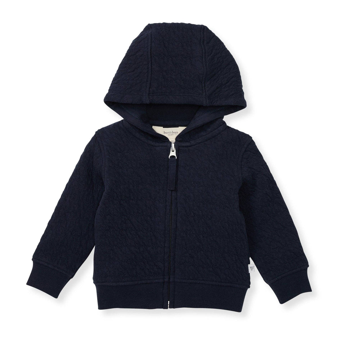 Navy blue hoodie with a zipper on a white background