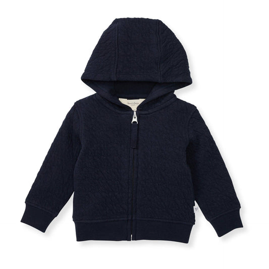 Navy blue hoodie with a zipper on a white background
