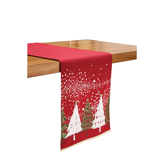red table runner w white trees 