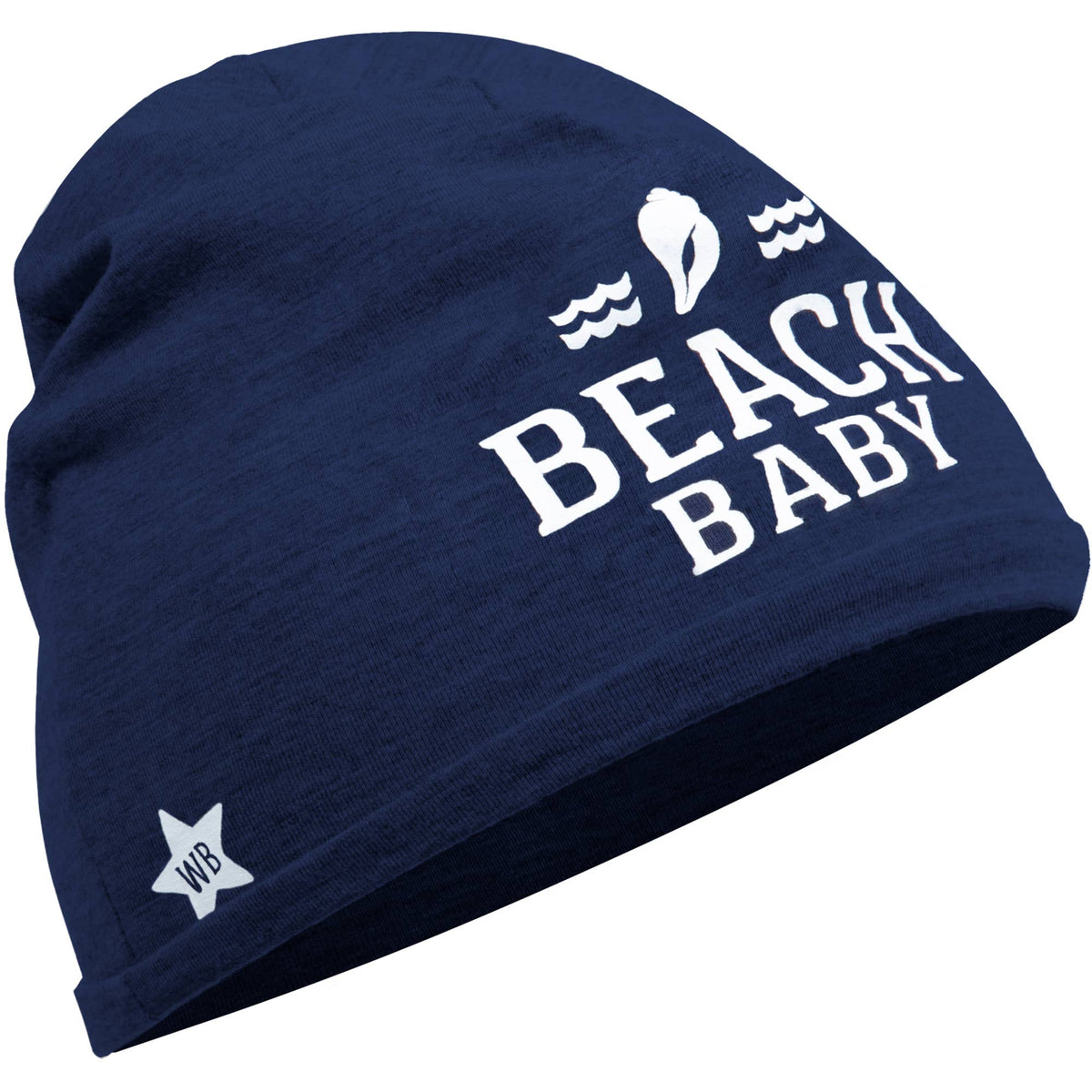 Navy blue beanie with 'Beach Baby' text on a white background