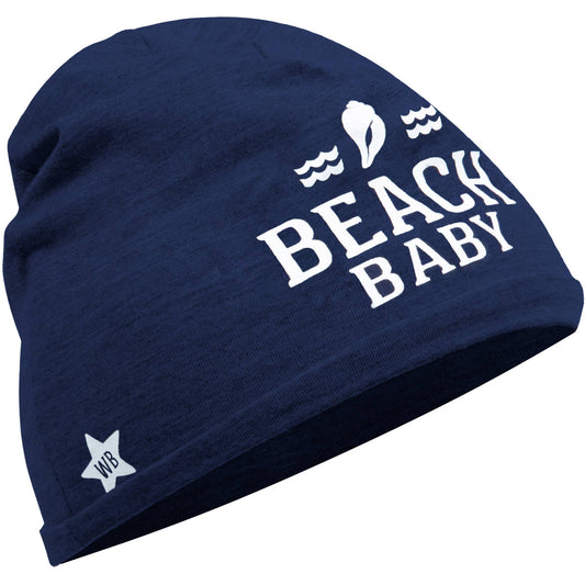 Navy blue beanie with 'Beach Baby' text on a white background