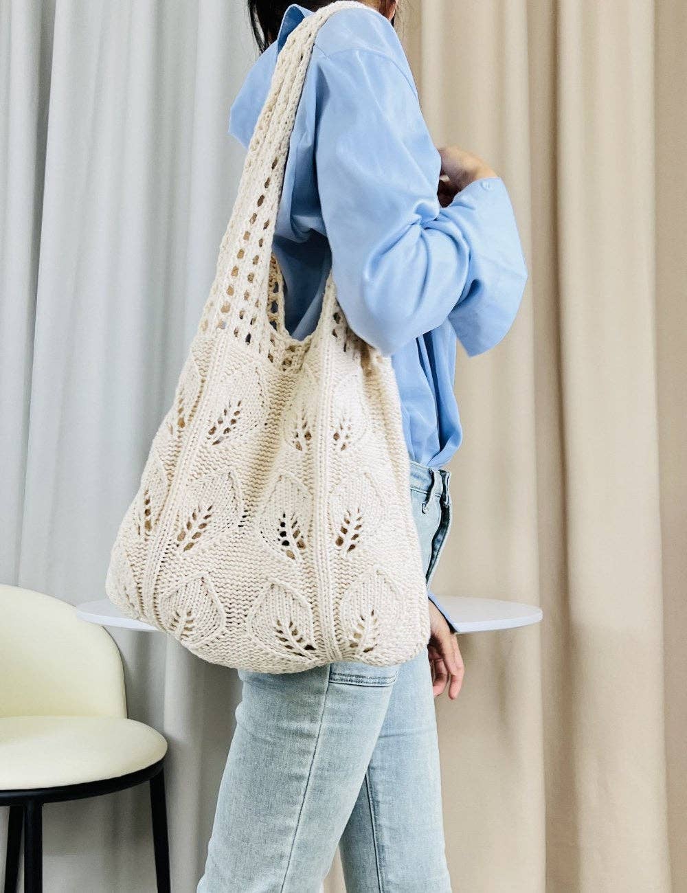 Solid Color Hollow Out Knit Shoulder Tote Bag DPB1606