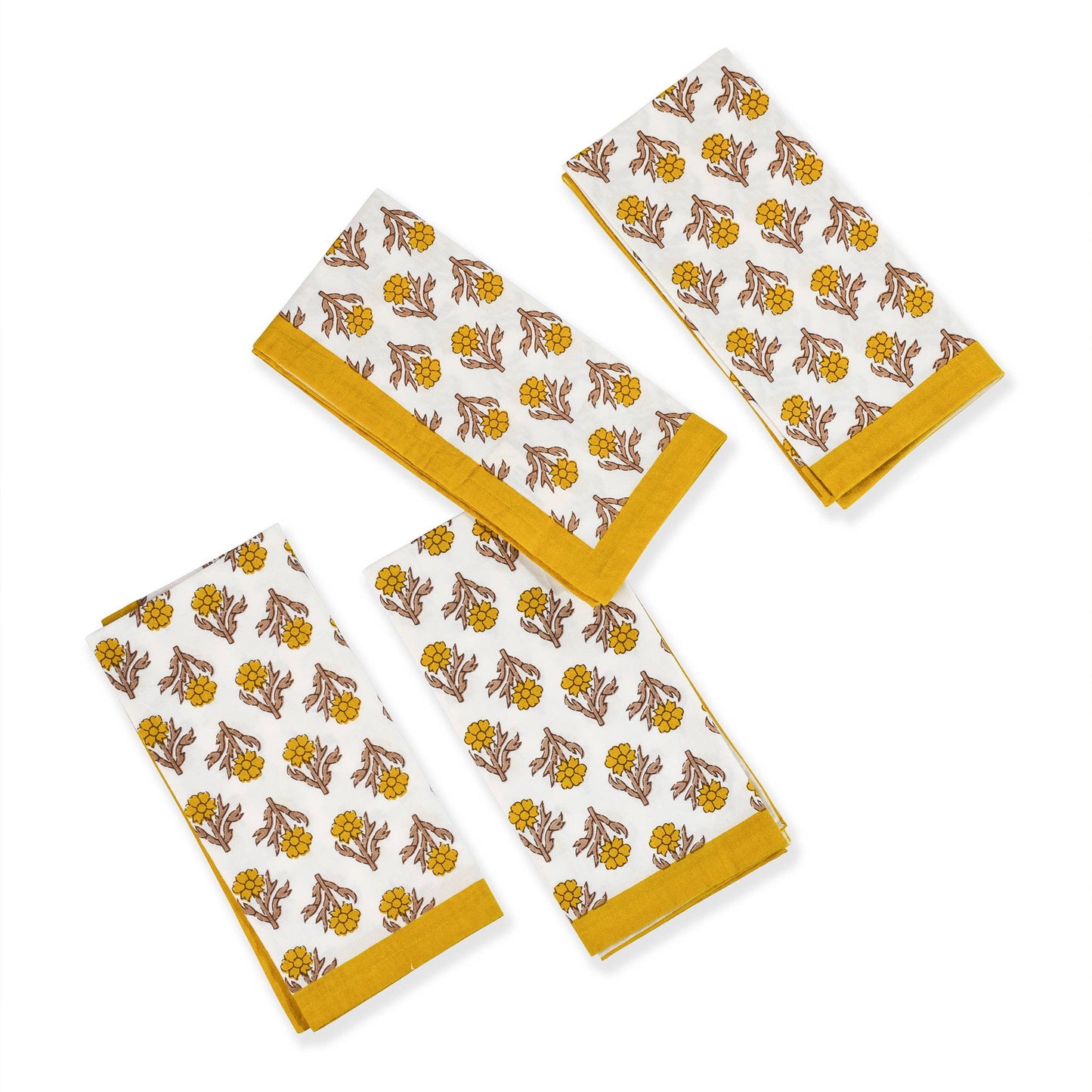 Set of three patterned towels with yellow borders on a white background