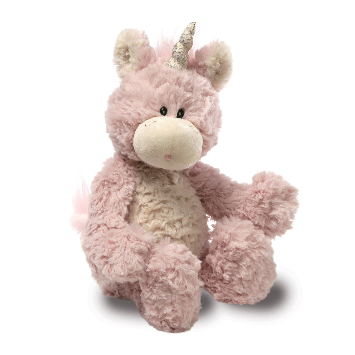 Pink plush toy with unicorn horns on a white background