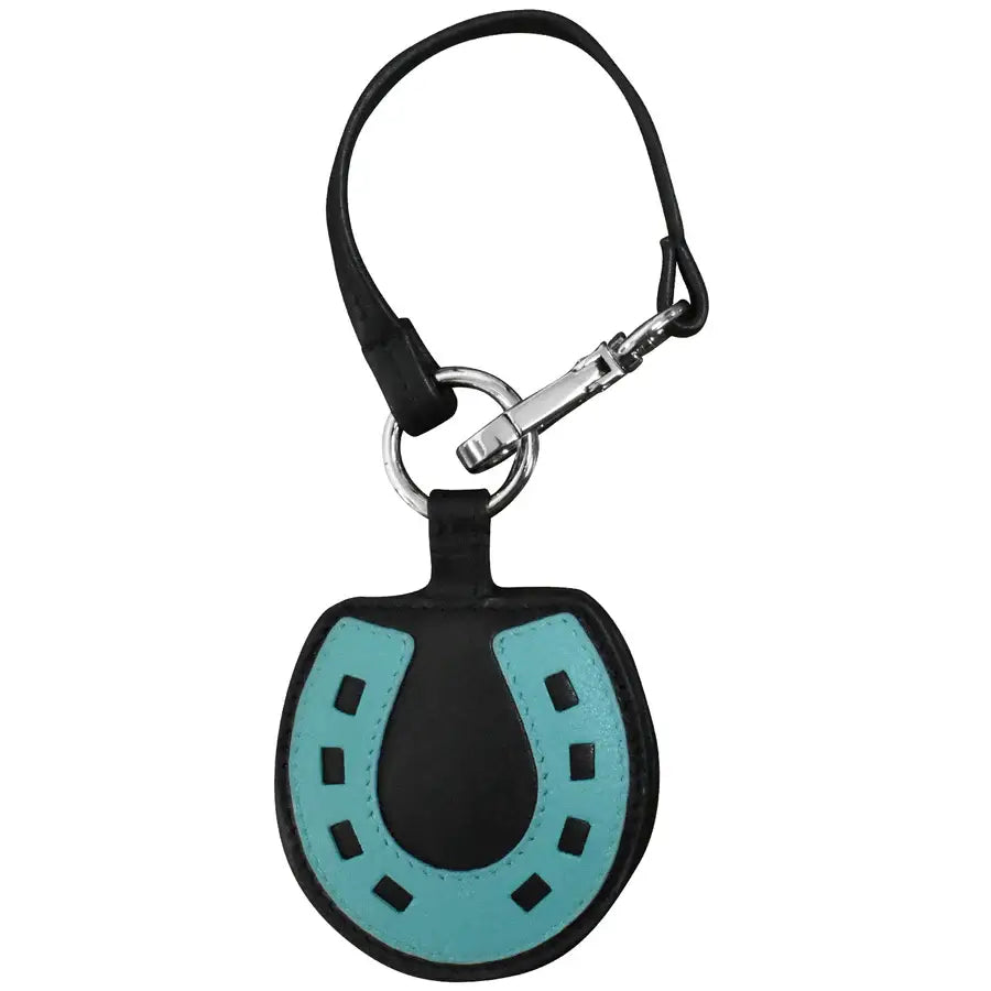 A horseshoe-shaped keychain or bag charm in black and turquoise faux leather, attached to a black strap with a silver metal clasp, on a plain white background.