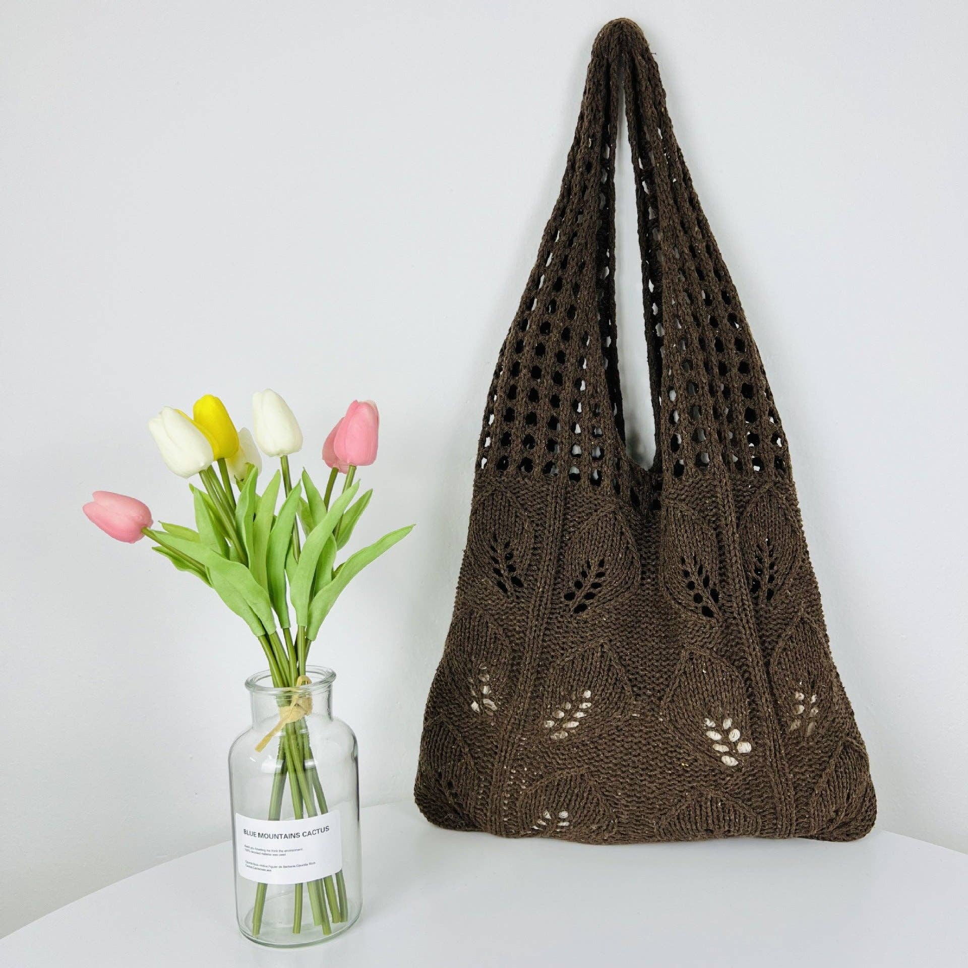 Solid Color Hollow Out Knit Shoulder Tote Bag DPB1606