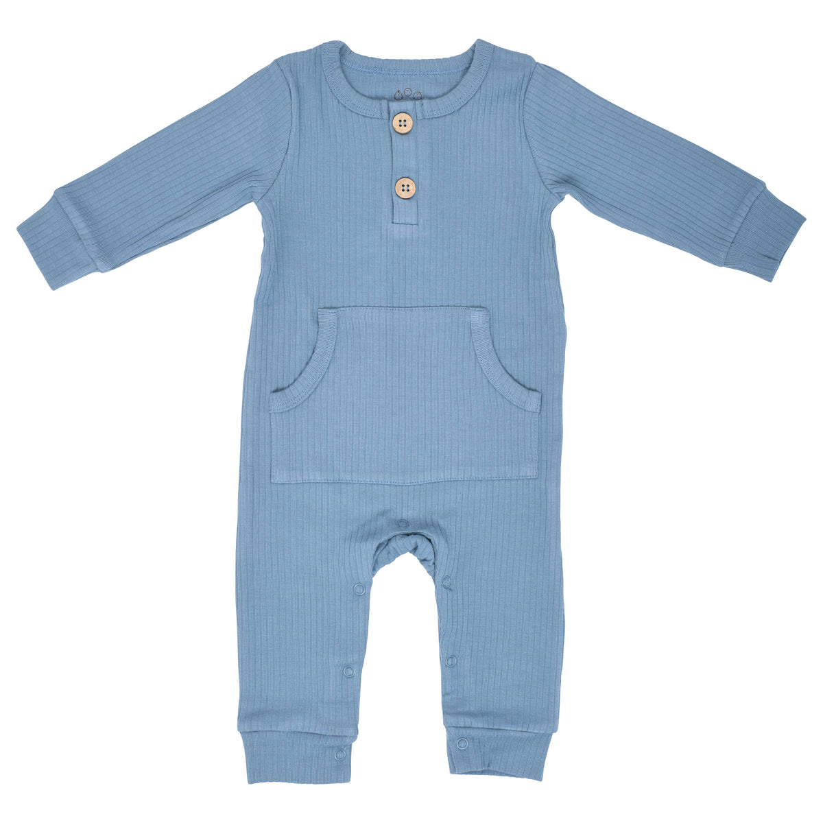 A baby's long-sleeve ribbed romper in dusty blue, featuring a three-button henley neckline, front patch pockets, and cuffed ankles, shown flat on a white background.