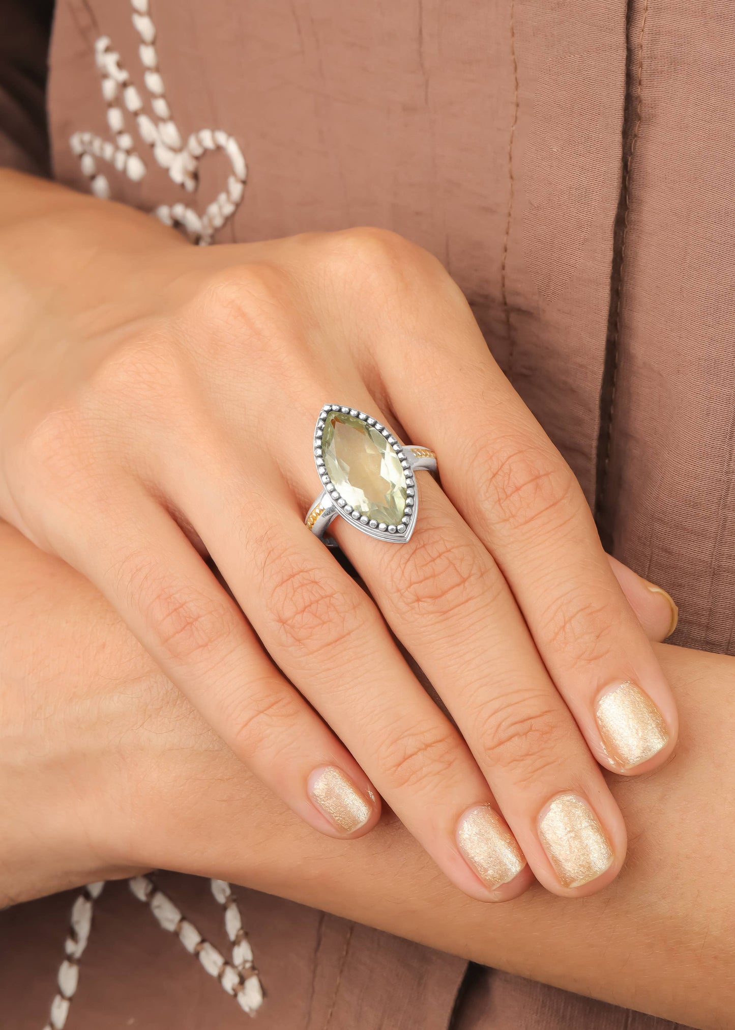 Silver Plated Marquise Green Amethyst Two-Tone Beaded Ring