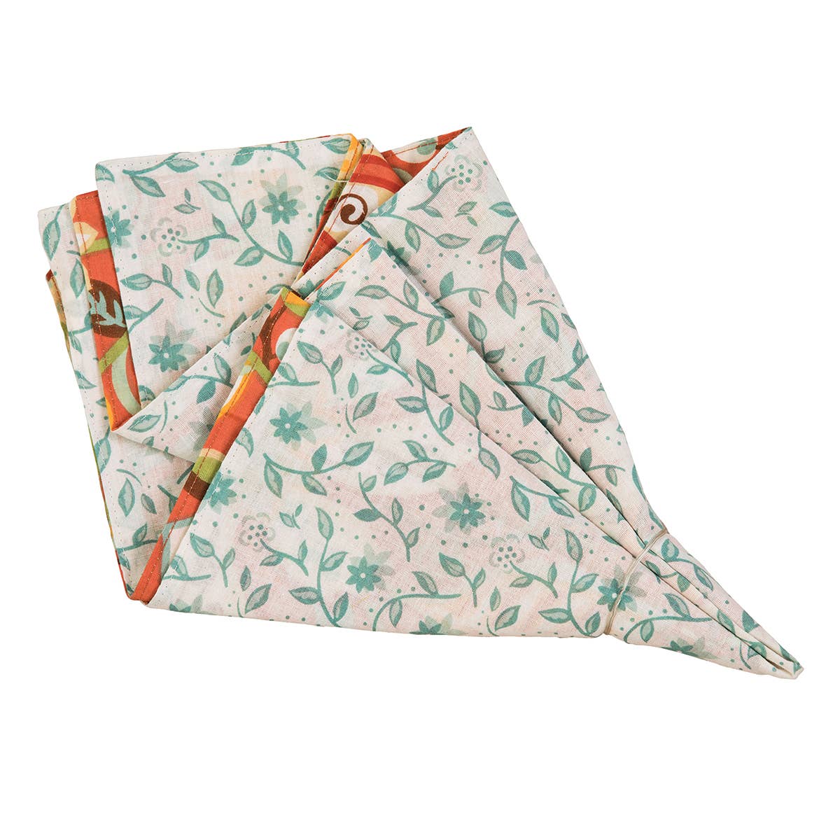 folded napkin teal and orange flowers