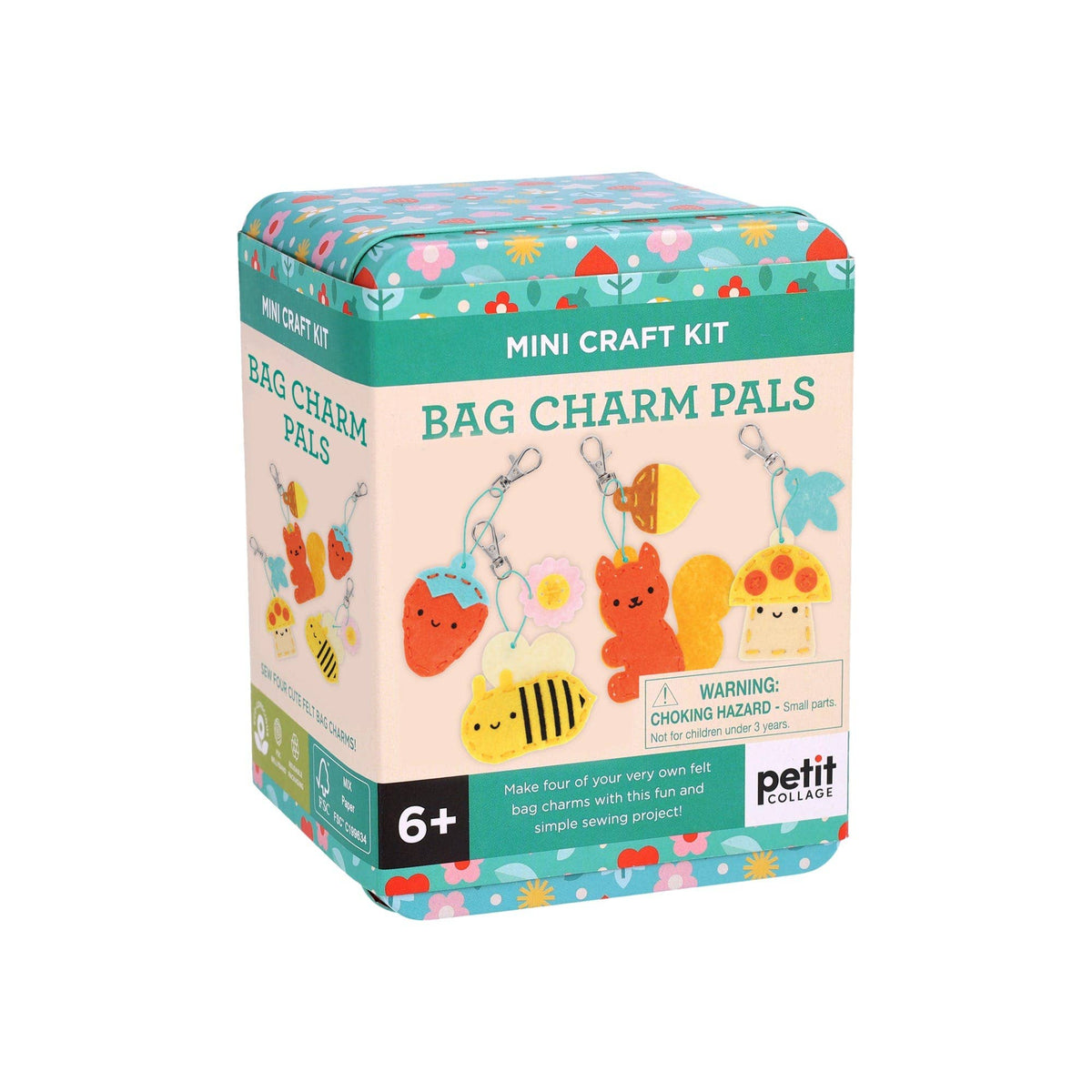 A Petit Tressor 'Bag Charm Pals' mini craft kit in its original decorative tin packaging, featuring colorful illustrations of cute bag charms on a cream background.