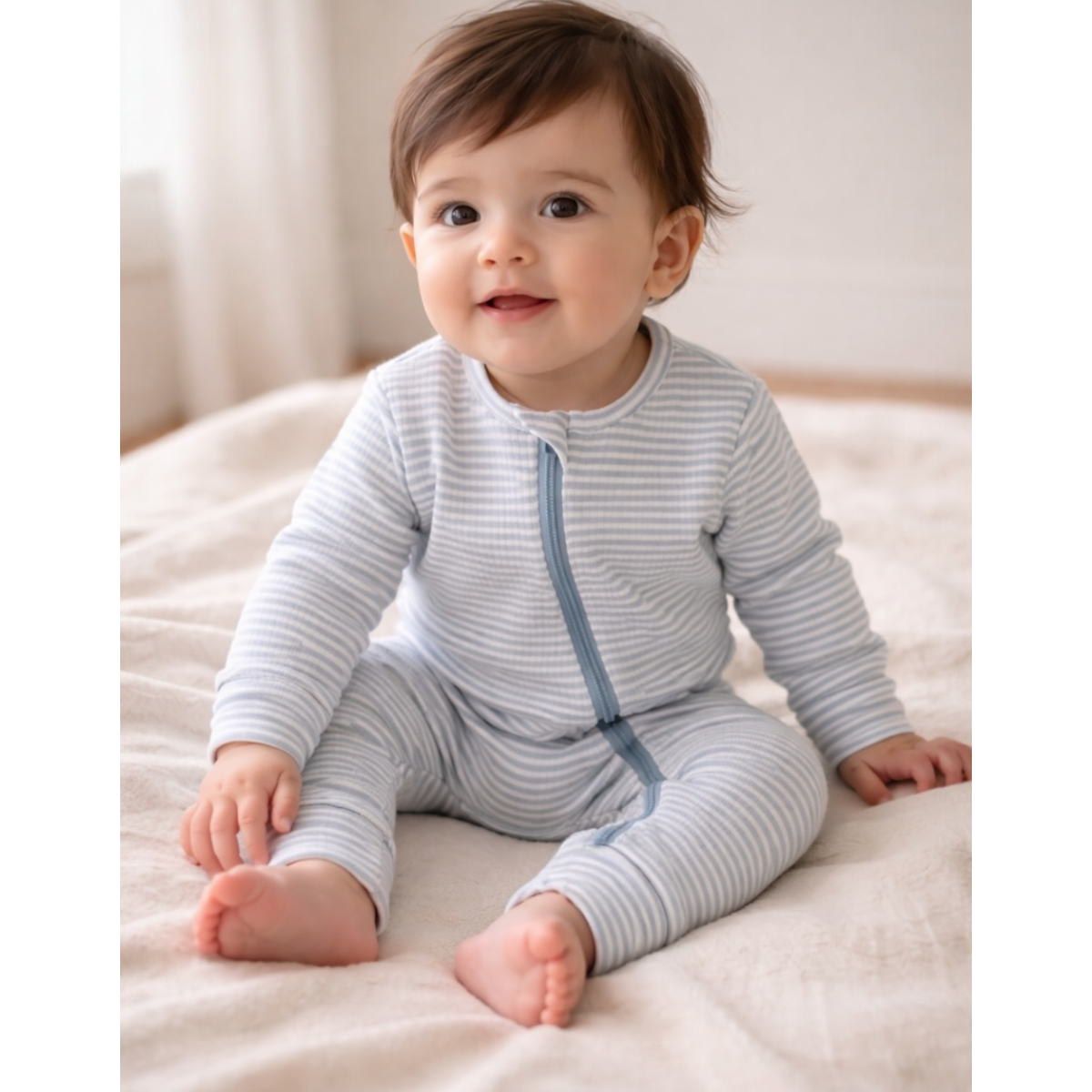 Baby wearing a striped onesie sitting on a bed