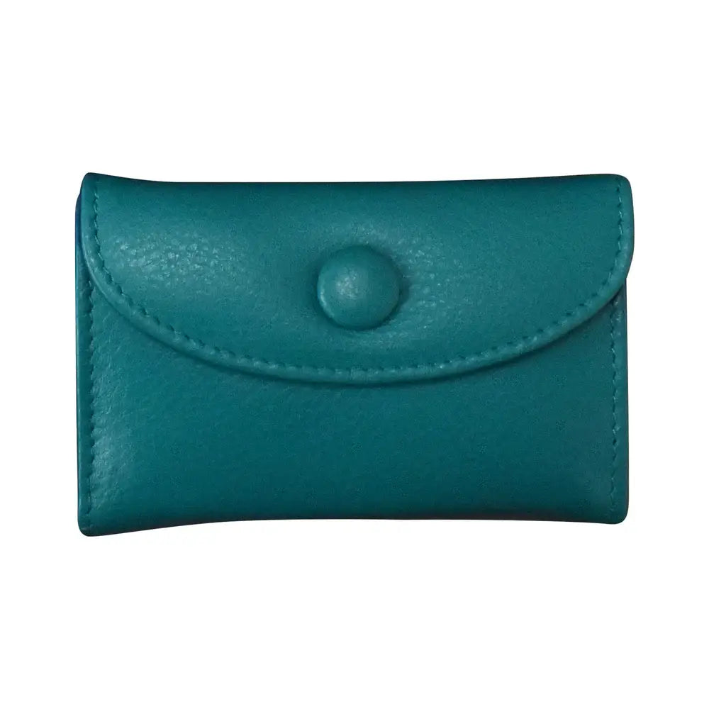 A small teal leather card holder or wallet with a flap closure and a single round button, shown on a plain white background.