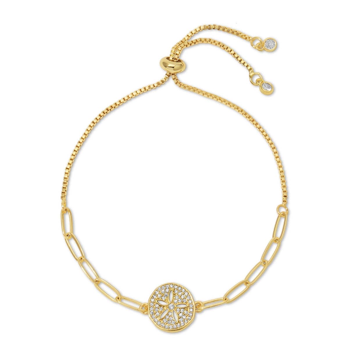 Gold bracelet with a decorative clasp on a white background