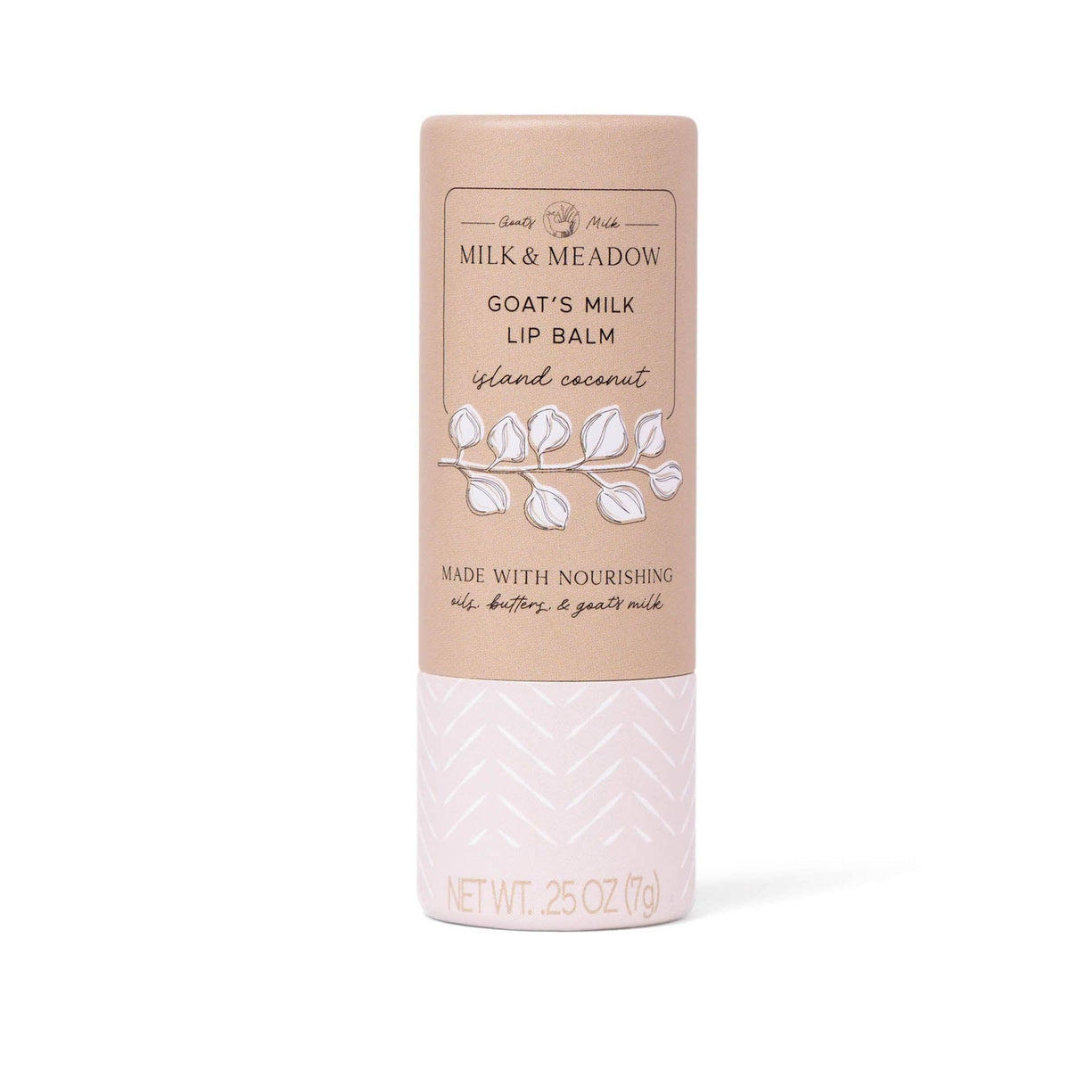 Milk & Meadow Goat's Milk Lip Balm in Island Coconut scent, shown in a 2.5 oz stick container with a beige upper label and a pale pink patterned lower section on a white background.
