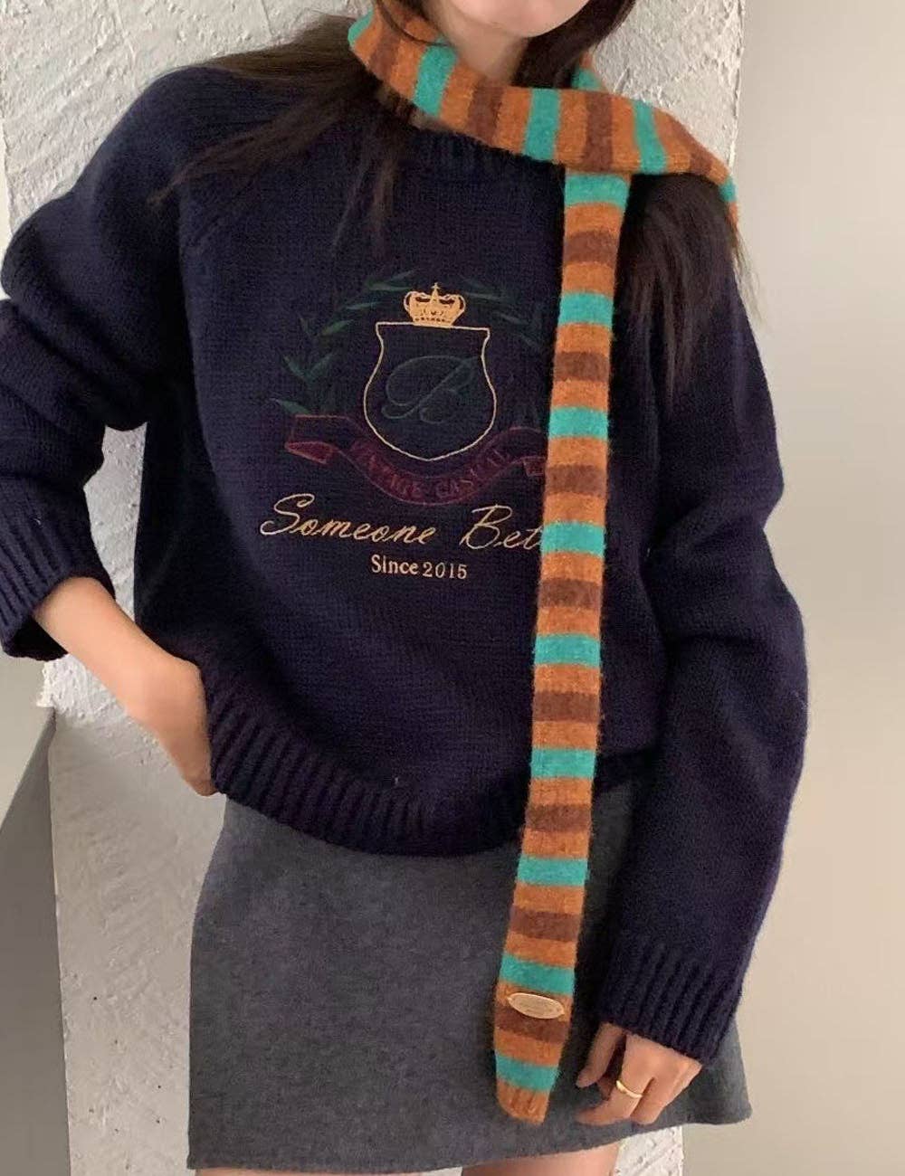Striped Color Contrast Long Skinny Knit Scarf