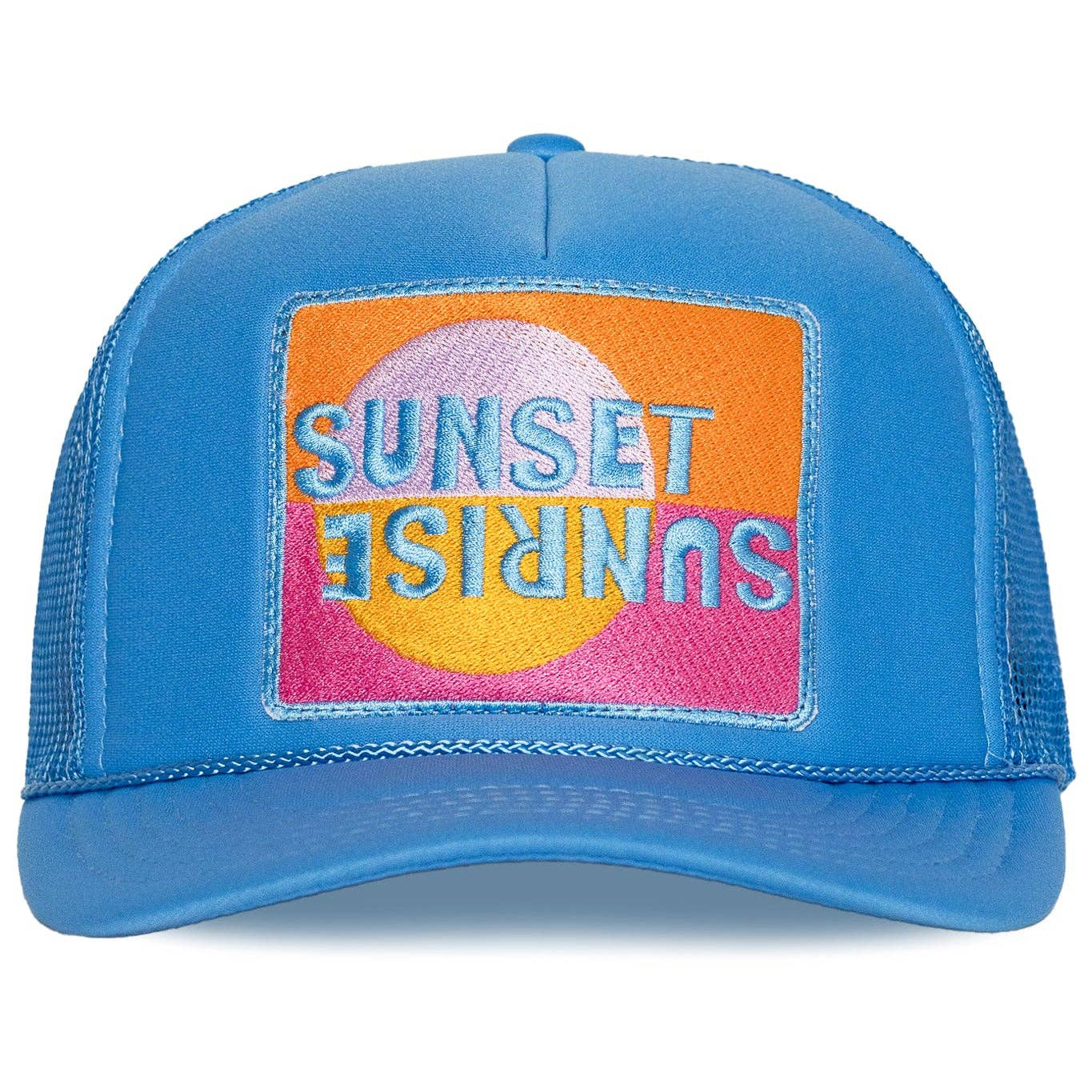 Blue trucker hat with a colorful 'Sunset Sunrise' patch on a white background