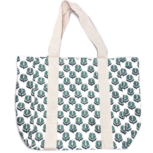 Handcrafted Canvas Bag with Block-Printed Teal Marigold