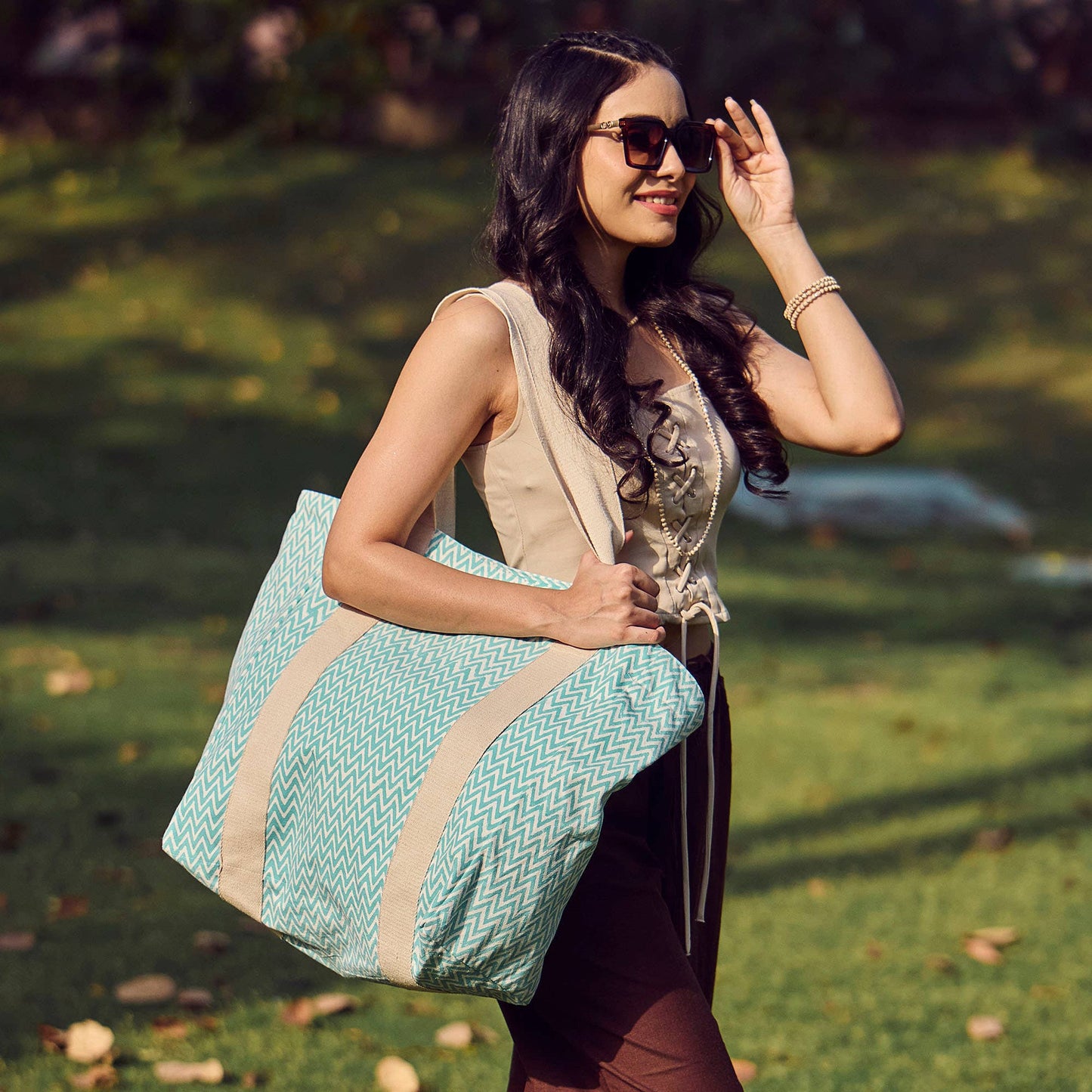 Canvas Bag with Block-Printed Aqua Zigzag