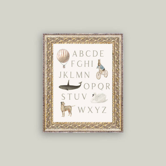 Framed alphabet poster with illustrations on a light gray background