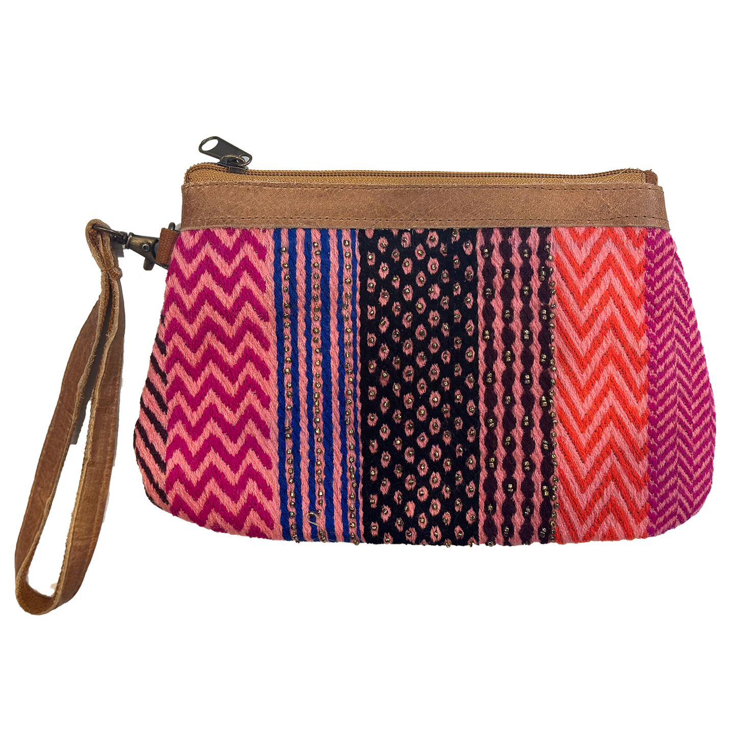 A zippered clutch pouch with a brown faux-leather top and wrist strap, featuring vertical panels of pink, blue, and black patterned fabrics on a white background.