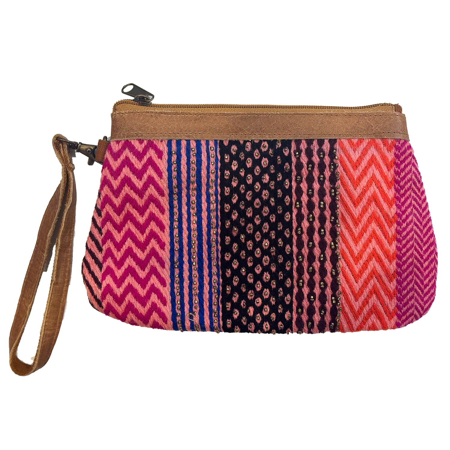 A zippered clutch pouch with a brown faux-leather top and wrist strap, featuring vertical panels of pink, blue, and black patterned fabrics on a white background.