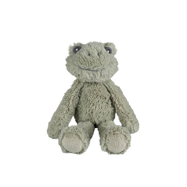 A plush stuffed frog toy in a muted sage green color, photographed against a solid white background.