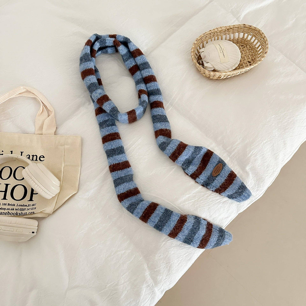 Striped Color Contrast Long Skinny Knit Scarf